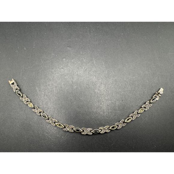 Vintage 925 Sterling Silver Black Onyx Marcasite MOP Chain Bracelet Sz 7" - Picture 1 of 10